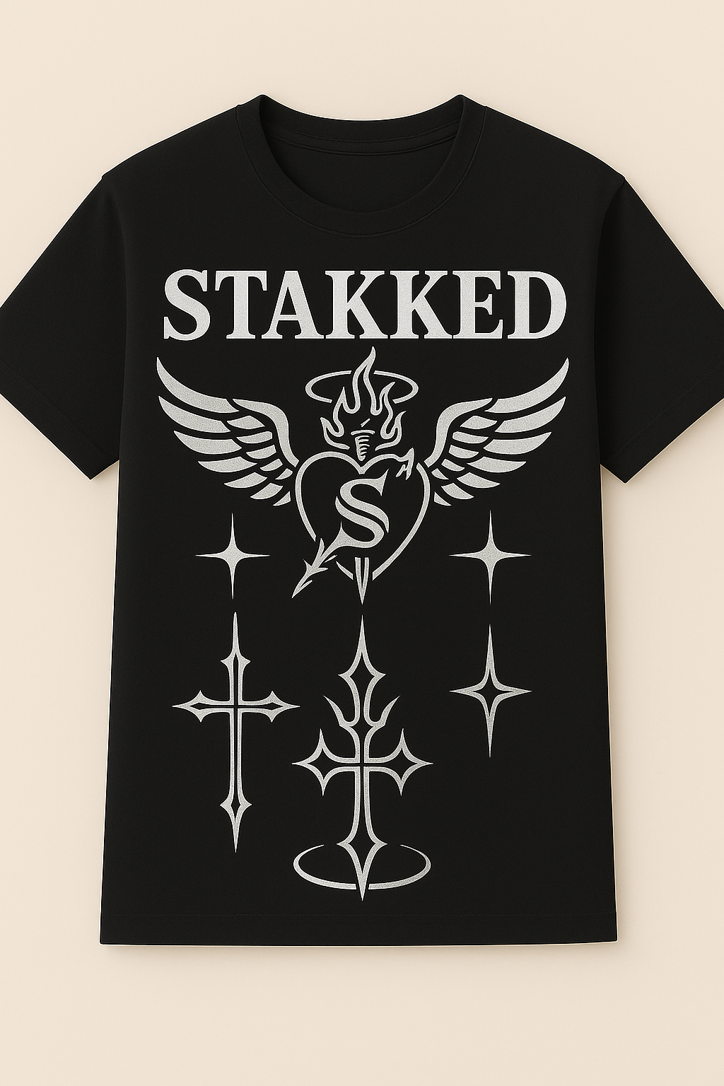 STAKKED Chrome Crosses + Winged Heart Emblem Tee