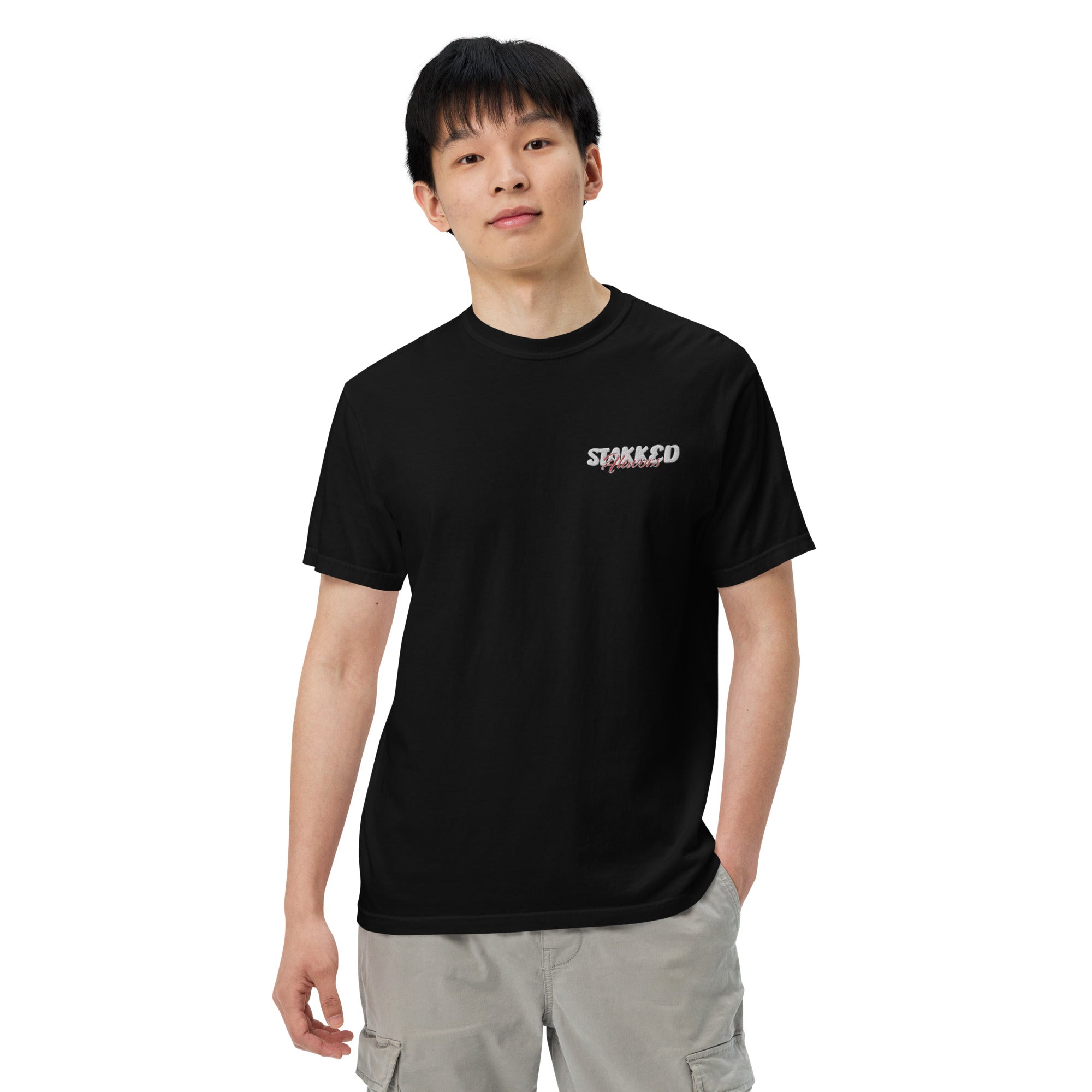 STAKKED Flavors Men’s garment-dyed heavyweight t-shirt (embroidery patch, left chest pocket)
