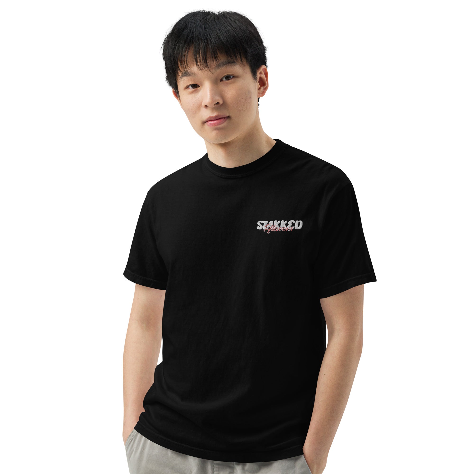 STAKKED Flavors Men’s garment-dyed heavyweight t-shirt (embroidery patch, left chest pocket)