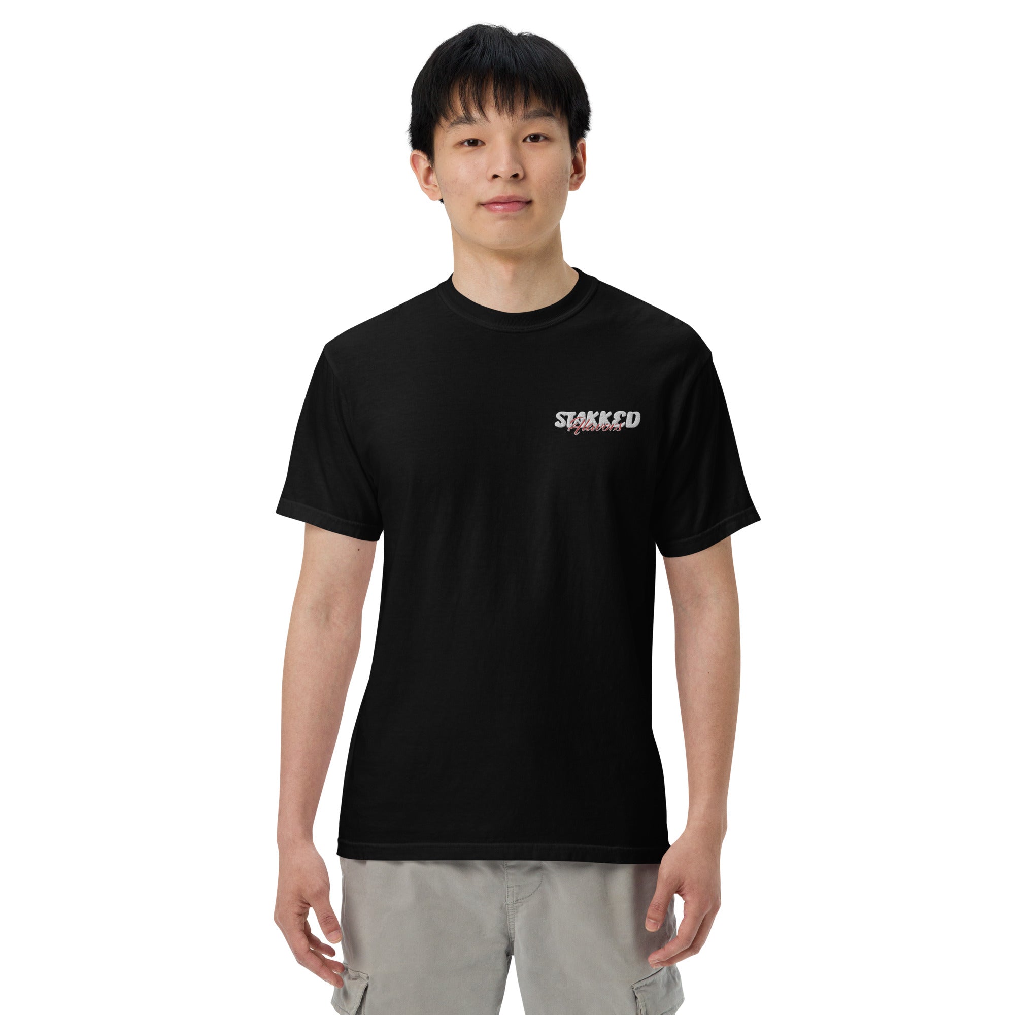 STAKKED Flavors Men’s garment-dyed heavyweight t-shirt (embroidery patch, left chest pocket)
