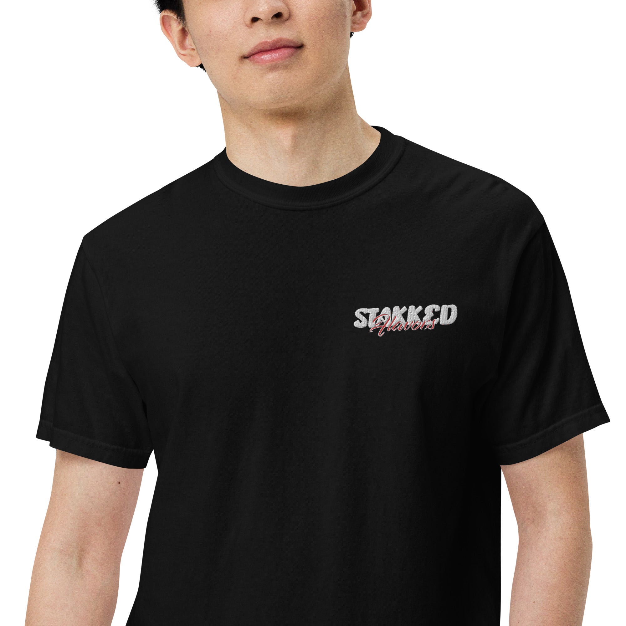 STAKKED Flavors Men’s garment-dyed heavyweight t-shirt (embroidery patch, left chest pocket)