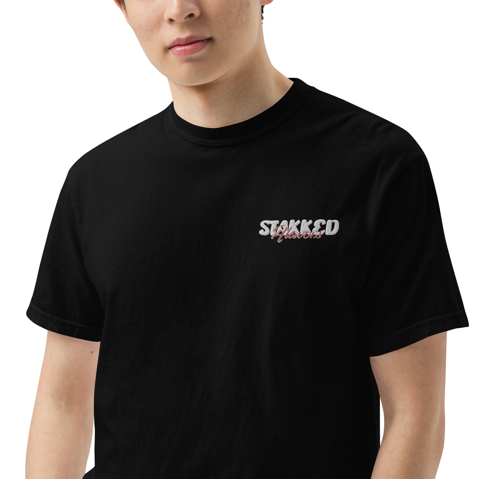 STAKKED Flavors Men’s garment-dyed heavyweight t-shirt (embroidery patch, left chest pocket)