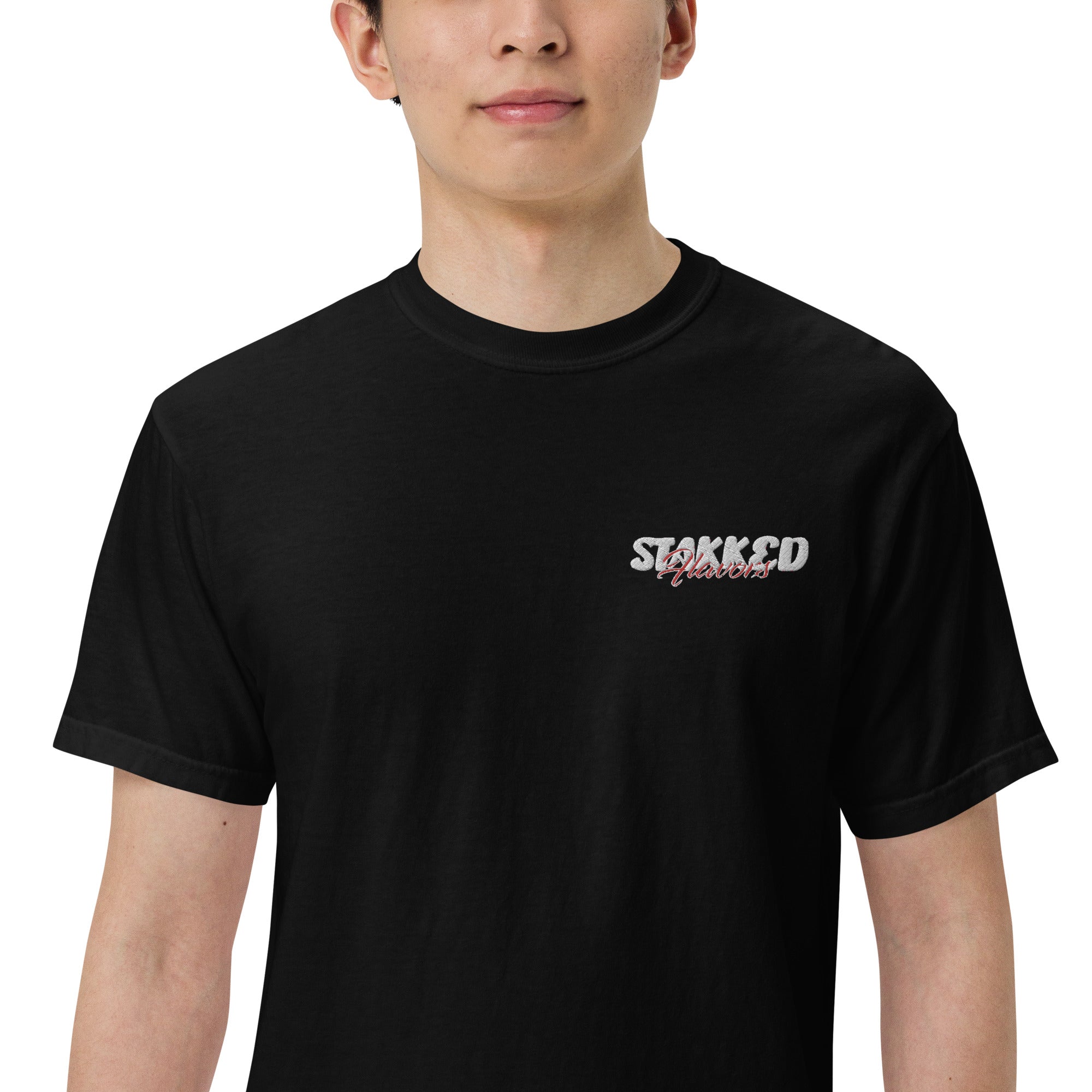 STAKKED Flavors Men’s garment-dyed heavyweight t-shirt (embroidery patch, left chest pocket)
